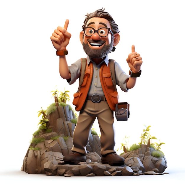 3D-rendering van een cartoon backpacker met een duim omhoog gebaar