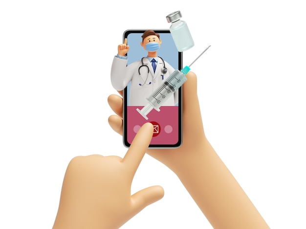 3D-rendering van een cartoon personage met een smartphone in de hand