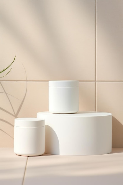 Foto 3d-rendering van een display van cosmetische producten, een potje met crème of een container met lotion generatieve ai