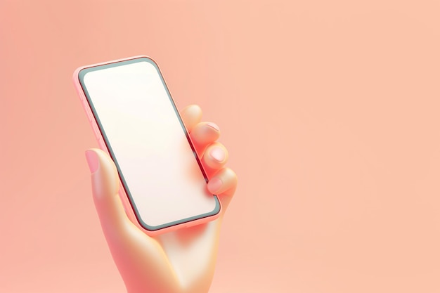 3d-rendering van een hand die een telefoon vasthoudt met wit scherm Cartoon hand die een smartphone vasthoudt mockup Minimale scène met apparaat op pastel achtergrond met kopieerruimte scherm telefoon sjabloon