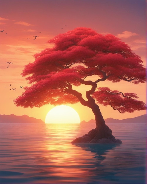 3d-rendering van een Japanse esdoorn tegen een zonsondergang oceaan behang