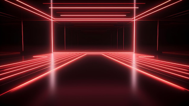 3D-rendering van een kamer met gloeiend licht rode neonlijnen Abstract achtergrond