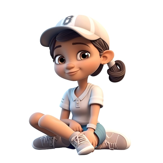 3D-rendering van een klein meisje met pet en t-shirt