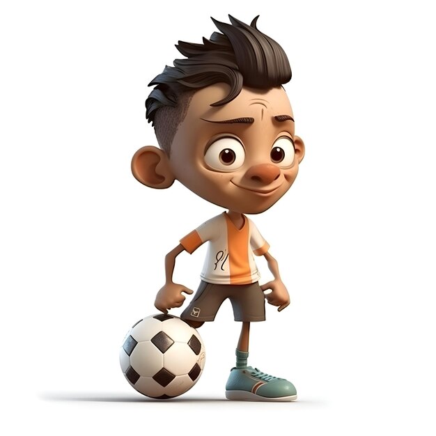 Foto 3d-rendering van een kleine jongen met een voetbal geïsoleerd op een witte achtergrond