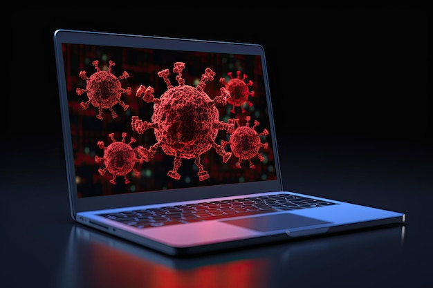 Foto 3d-rendering van een laptop met het covid-19-virus op het scherm een scherm van een laptop toont een blauwe codering en een rode waarschuwing voor het coronavirus.