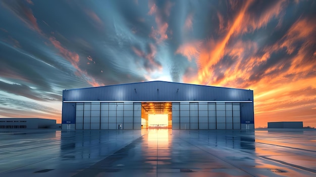 Foto 3d-rendering van een leeg magazijn met hangargebouw en open deur concept warehouse lot hangargebouw open door 3d-rendering