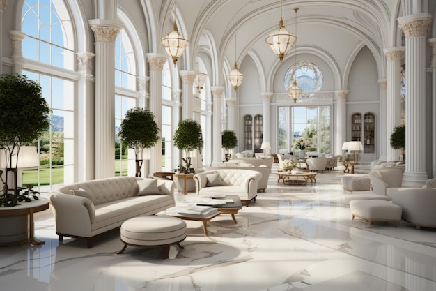 3D-rendering van een lobby van een luxe hotel met marmeren vloeren Generatieve AI