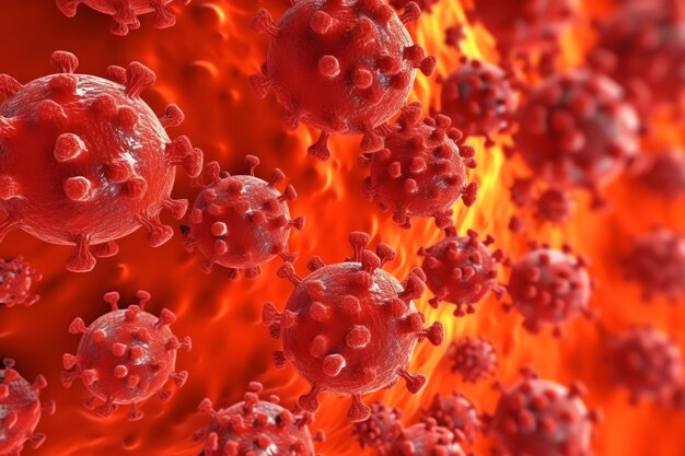 Foto 3d rendering van een medische met viruscellen bacteriën meerdere realistische coronavirus deeltjes drijven