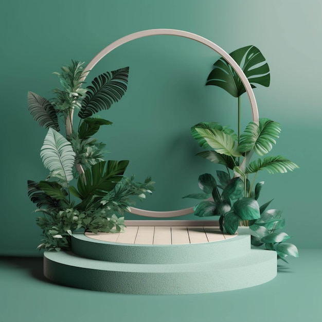 3d-rendering van een minimaal tentoonstellingspodium met tropische bladeren Mock-up scène voor productpresentatie