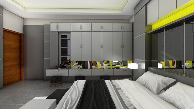 3D-rendering van een moderne slaapkamer in een hotel met tv en bureaublad