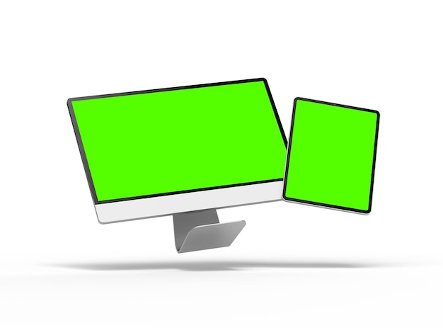 Foto 3d-rendering van een smartphone tablet desktop met groene schermen op een lichte achtergrond