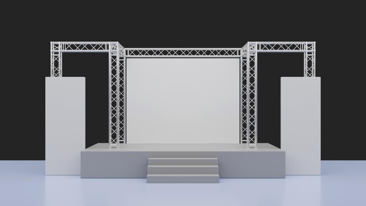 3D-rendering van eenvoudige podium- en trussconstructie op zwarte achtergrond Zakelijke presentatie