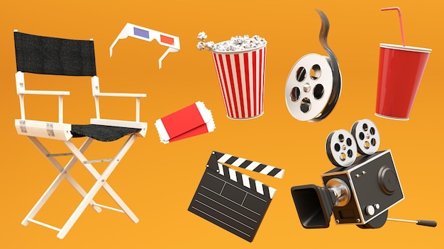 3D-rendering van elementen uit de filmindustrie camera kaartjes popcorn bioscoop stoel voor reclame bioscoop
