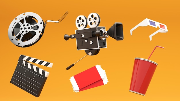 3D-rendering van elementen uit de filmindustrie camera kaartjes popcorn bioscoop stoel voor reclame bioscoop