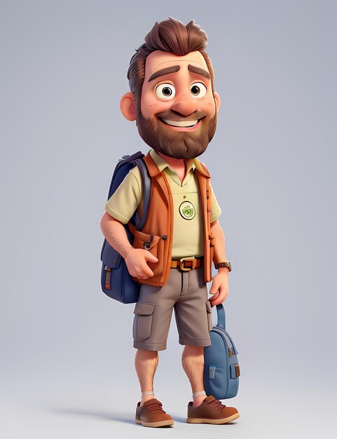 3D rendering van geanimeerde 3D cartoon personage in Adventure And Travel met een speciale outfit