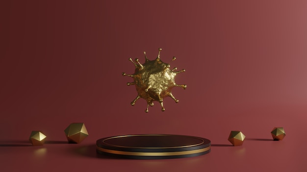 Foto 3d-rendering van gouden coronavirus op voetstuk op rode achtergrond, abstract minimaal concept van 2019-ncov uitbraakvormen zoals sars en mers kunnen dodelijk zijn, luxe minimalistisch