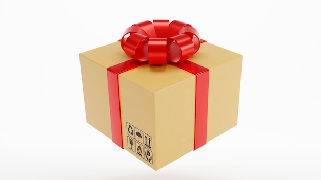 3D-rendering van kartonnen dozen met rood lint strik op witte achtergrond Gift box levering