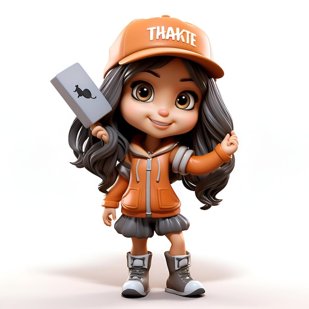 3D-rendering van klein meisje met duimpje en hoed
