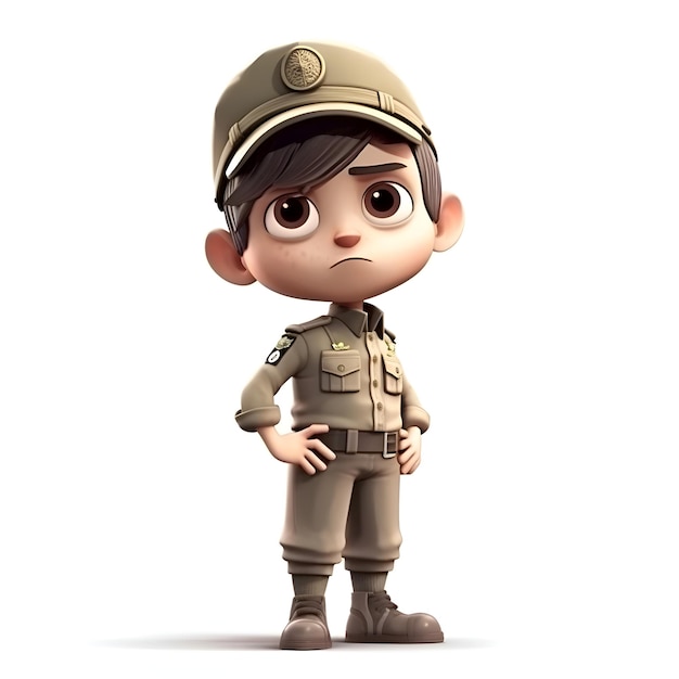 3D-rendering van kleine jongen in legeruniform met glimlachend gezicht