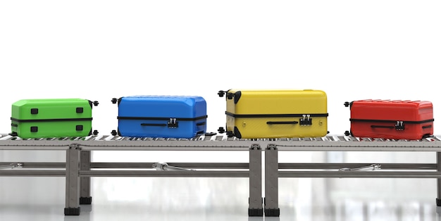 Foto 3d-rendering van kleurrijke koffers op transportband