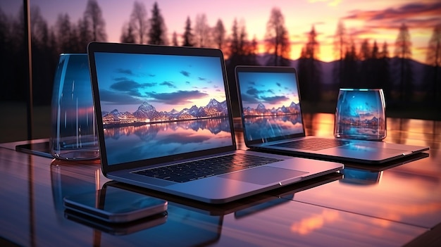 Foto 3d-rendering van laptops en tablets