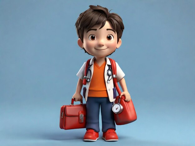 3D-rendering van Little Boy met stethoscoop en medicijnzak