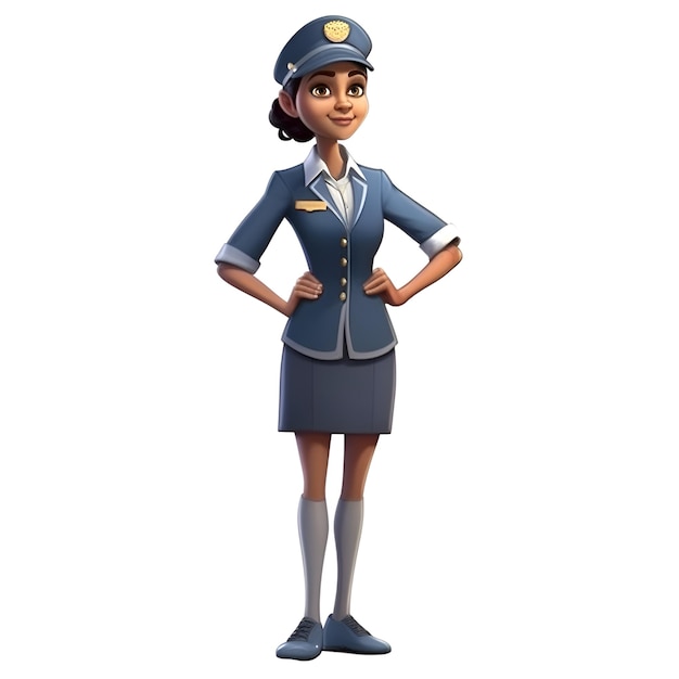 3D-rendering van Little Police Woman met pet en blauwe uniform poseert