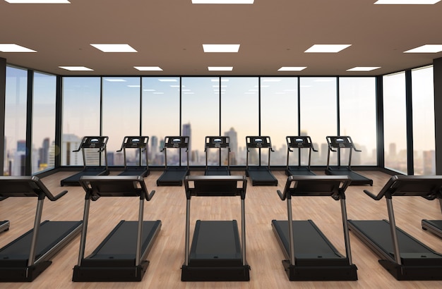 3D-rendering van loopbanden of hardloopmachines in de fitnessruimte