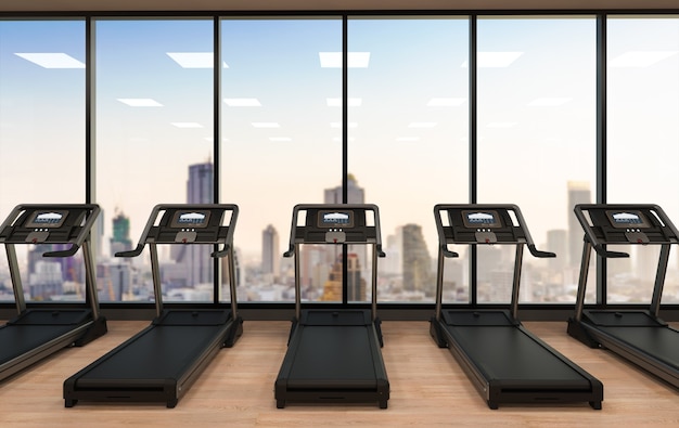 3D-rendering van loopbanden of hardloopmachines in de fitnessruimte