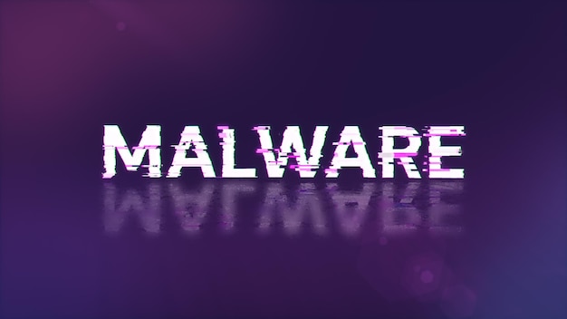 3D-rendering van malware-tekst met scherm-effecten van technologische storingen