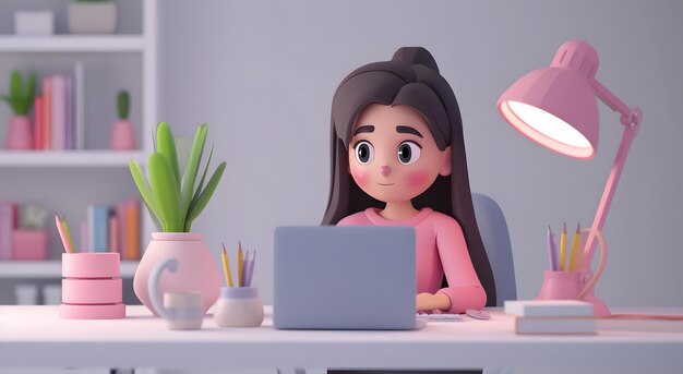 3D rendering van mannelijke personages die aan het bureau werken met een laptop