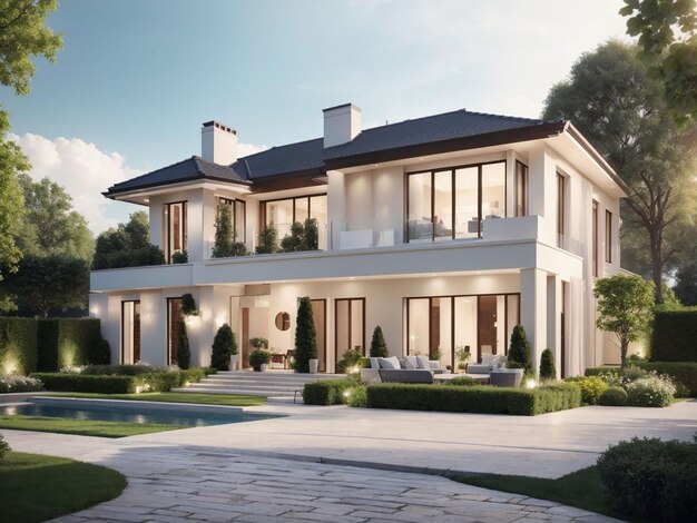 3D rendering van modern klassiek huis met luxe tuin