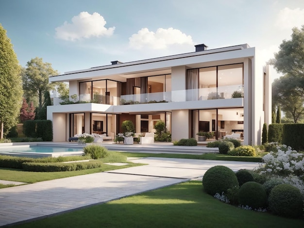 3D rendering van modern klassiek huis met luxe tuin