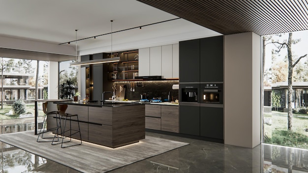 3D rendering van moderne keukens geavanceerde modellering interieurontwerp