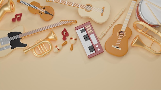 3D-rendering van muziekinstrumenten achtergrond