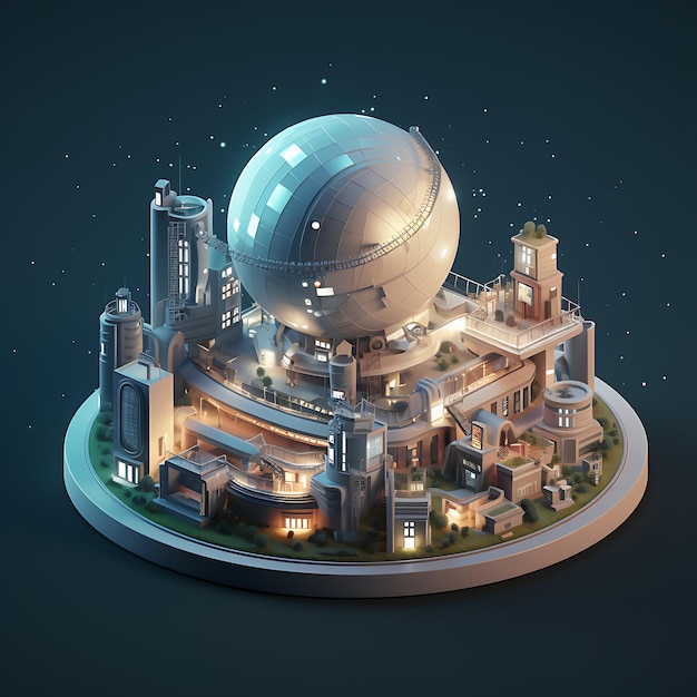 3d-rendering van observatorium telescoop stad isometrische miniatuur