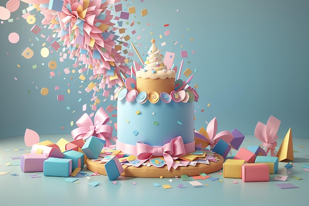 3d-rendering van party popper geschenkdoos taart en confetti met lege papier kopieerruimte in pastel thema banner achtergrond 3d render illustratie