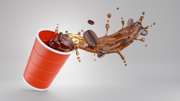 Foto 3d-rendering van realistische koffiekop rood met koffie splash voor product weergave
