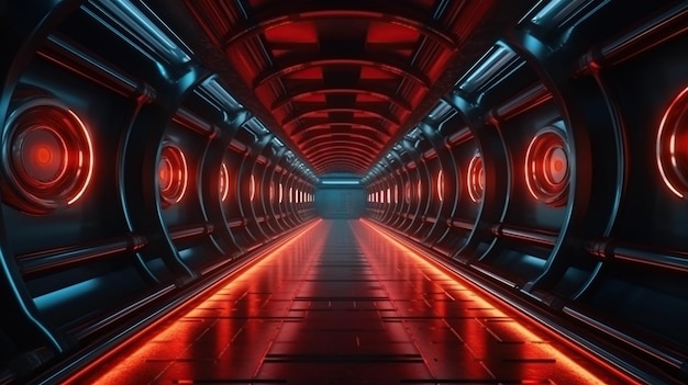 3D rendering van realistische sci-fi donkere gang met rood licht Futuristische tunnel met grunge metalen muren Cyberpunk tunnel