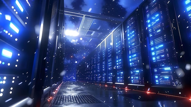 3D rendering van server racks in een beveiligd netwerk data center Concept Data Center Security Server Racks Network Infrastructure 3D Rendering Technology Integration