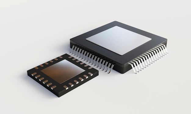 3D-rendering van siliciumhalfgeleiderchips met studioverlichting