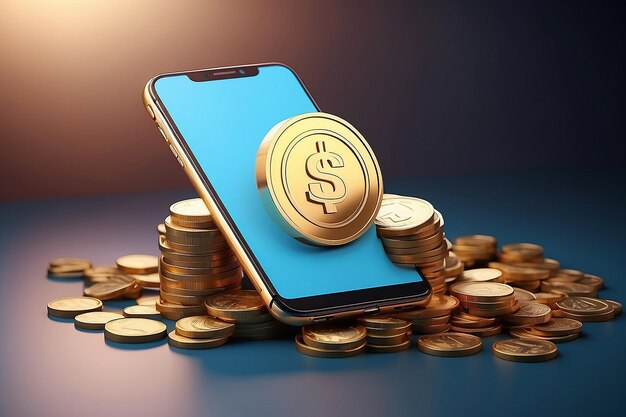 3d-rendering van telefoon en munt icoon concept van geld betaling transactie technologie op de telefoon op de achtergrond 3d render illustratie cartoon stijl