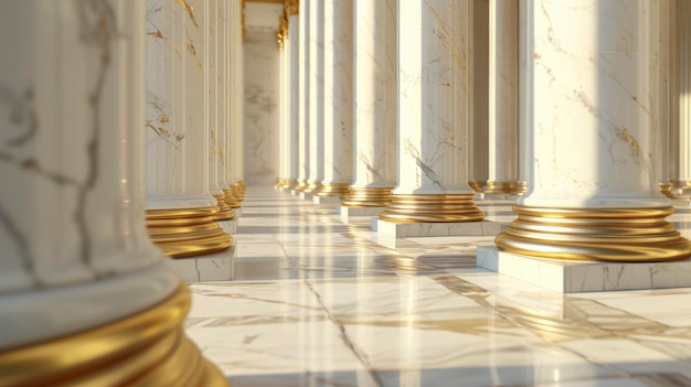 3D-rendering van witte en gouden marmeren zuilen die de buitenkant van het Hooggerechtshof in Washington DC sieren