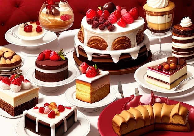 3d rendering of a variety of cakes on a white background