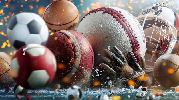 Foto rendering 3d di una varietà di palle sportive tra cui una palla da calcio, basket e baseball con casco e guanto da calcio