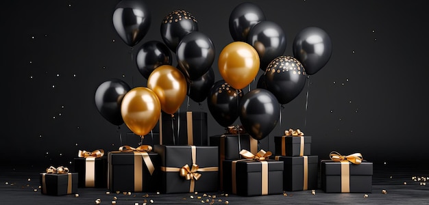 3d rendering vector gold and black balloons with gift boxes on dark background