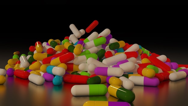 3D rendering veelkleurige medische pillen vallen van boven naar beneden