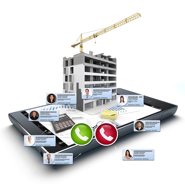 3D rendering of a  video conference on a Smartphone on a construction and architecture context