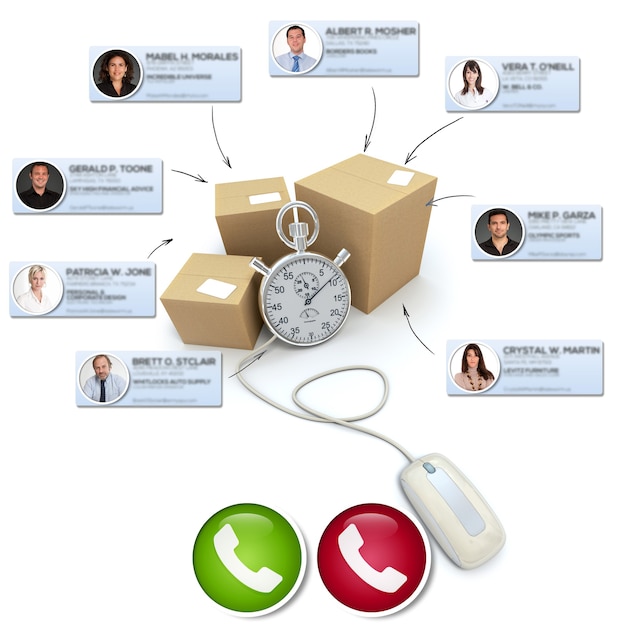 3D rendering of a video conference taking place with boxes and a stopwatch in the background