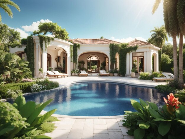 3d rendering of a villa with pool in an exotic garden